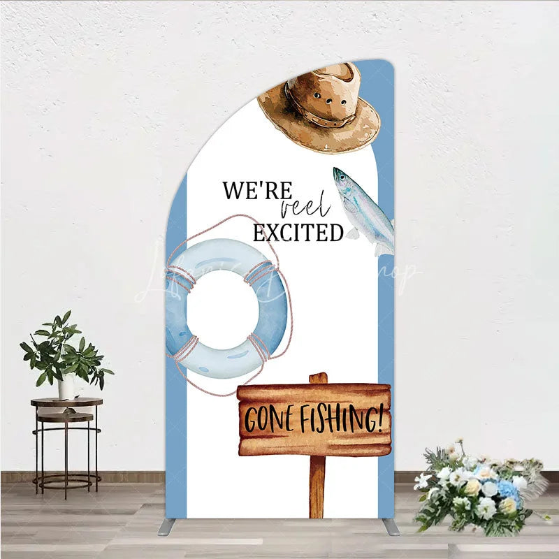 Lofaris Gone Fishing Half Moon Arch Backdrop Reel Excited Life Ring Rustic Sign Background Boy Baby Shower Cover Decoration