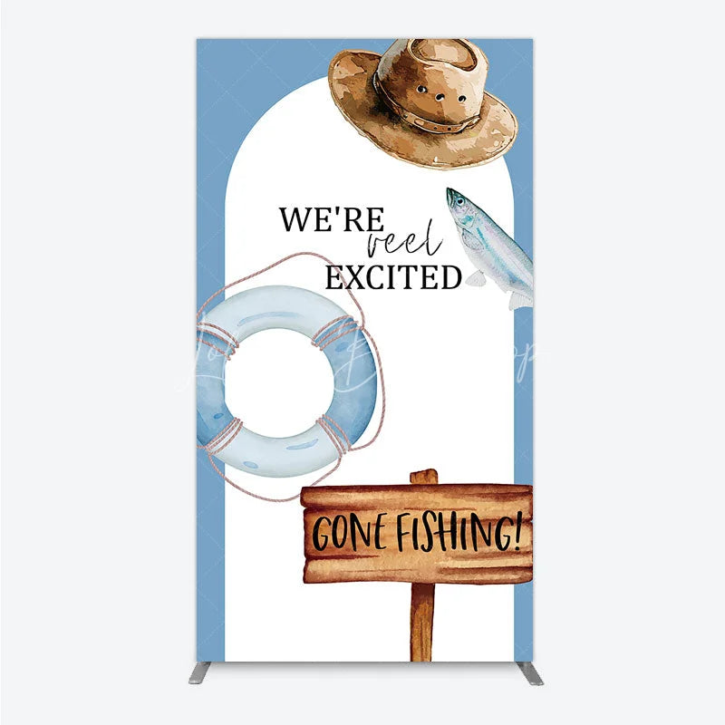 Lofaris Gone Fishing Rectangle Backdrop Reel Excited Life Ring Rustic Sign Background Boy Baby Shower Cover Decoration