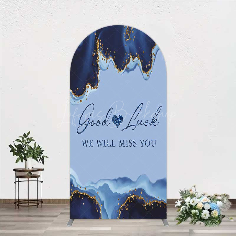 Lofaris Good Luck We Will Miss You Retirement Arch Backdrop Blue and Gold Agate Elegant Farewell Party Decorations