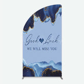 Lofaris Good Luck We Will Miss You Retirement Half Moon Arch Backdrop Blue and Gold Agate Elegant Farewell Party Decorations