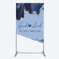 Lofaris Good Luck We Will Miss You Retirement Rectangle Backdrop Blue and Gold Agate Elegant Farewell Party Decorations