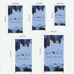 Lofaris Good Luck We Will Miss You Retirement Rectangle Backdrop Blue and Gold Agate Elegant Farewell Party Decorations