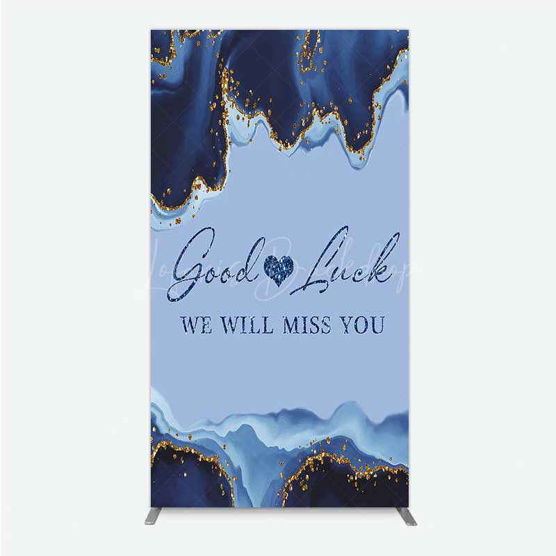 Lofaris Good Luck We Will Miss You Retirement Rectangle Backdrop Blue and Gold Agate Elegant Farewell Party Decorations