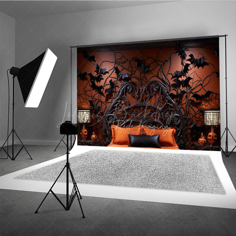Lofaris Gothic Bat Headboard Photography Backdrop Spooky Halloween Bedroom with Flying Bats Dark and Moody Photo Prop