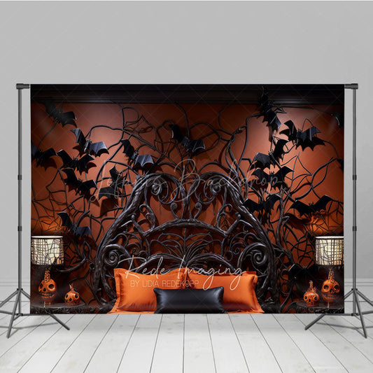 Lofaris Gothic Bat Headboard Photography Backdrop Spooky Halloween Bedroom with Flying Bats Dark and Moody Photo Prop