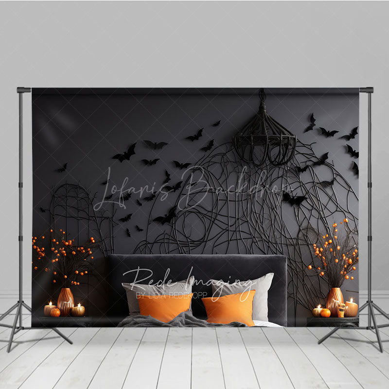 Lofaris Gothic Bat Wall Photography Backdrop for Halloween Spooky Bedroom with Headboard Moody Dark Studio Photo Prop
