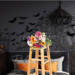 Lofaris Gothic Bat Wall Photography Backdrop for Halloween Spooky Bedroom with Headboard Moody Dark Studio Photo Prop