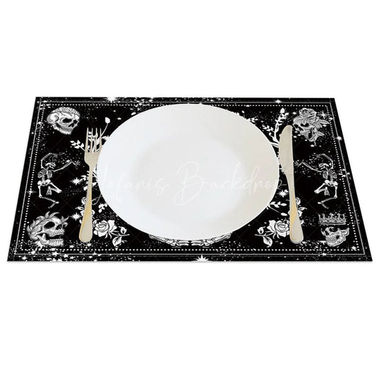 Lofaris Gothic Black and White Skeleton Floral Set of 4 Placemats for Halloween Wedding Spooky Elegant Decor