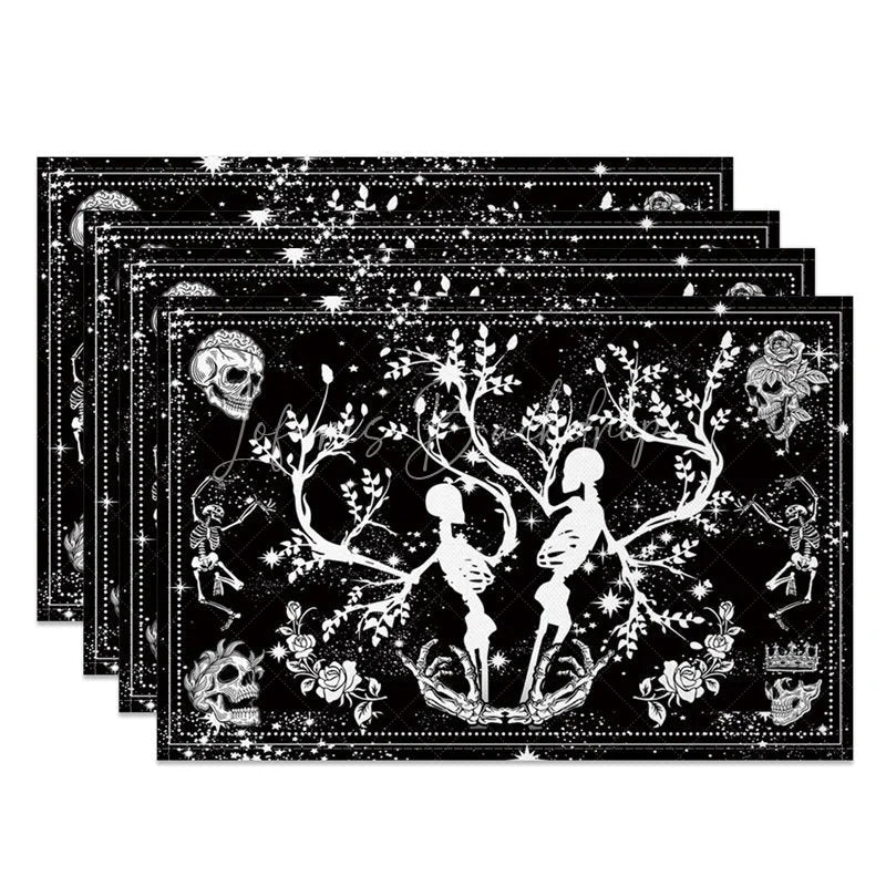 Lofaris Gothic Black and White Skeleton Floral Set of 4 Placemats for Halloween Wedding Spooky Elegant Decor