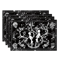 Lofaris Gothic Black and White Skeleton Floral Set of 4 Placemats for Halloween Wedding Spooky Elegant Decor