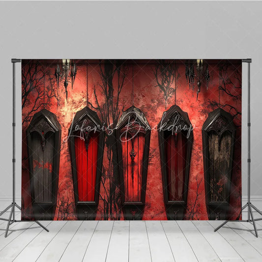 Lofaris Gothic Coffin Holiday Backdrop with Eerie Bare Trees Deep Red Wall and Ornate Chandeliers for Halloween