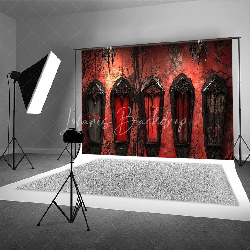 Lofaris Gothic Coffin Holiday Backdrop with Eerie Bare Trees Deep Red Wall and Ornate Chandeliers for Halloween