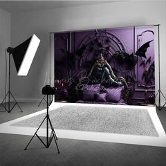 Lofaris Gothic Dragon Bat Photography Backdrop for Halloween Ornate Purple Bed and Gargoyles Vampire Lair Photo Prop