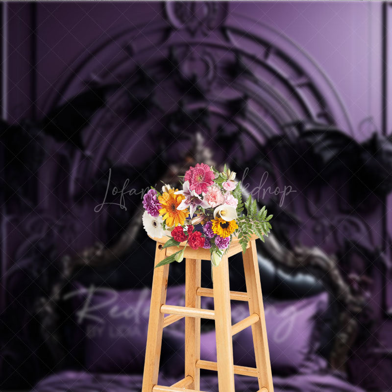 Lofaris Gothic Dragon Bat Photography Backdrop for Halloween Ornate Purple Bed and Gargoyles Vampire Lair Photo Prop