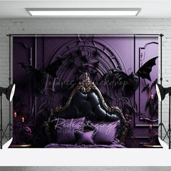 Lofaris Gothic Dragon Bat Photography Backdrop for Halloween Ornate Purple Bed and Gargoyles Vampire Lair Photo Prop