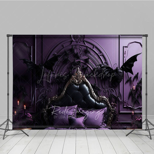 Lofaris Gothic Dragon Bat Photography Backdrop for Halloween Ornate Purple Bed and Gargoyles Vampire Lair Photo Prop