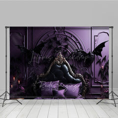 Lofaris Gothic Dragon Bat Photography Backdrop for Halloween Ornate Purple Bed and Gargoyles Vampire Lair Photo Prop