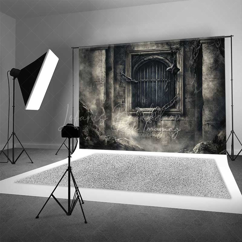 Lofaris Gothic Dungeon Window Photography Backdrop Spooky Castle Cell with Chains Moody Halloween Haunted House Prop