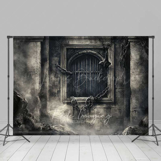 Lofaris Gothic Dungeon Window Photography Backdrop Spooky Castle Cell with Chains Moody Halloween Haunted House Prop