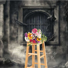 Lofaris Gothic Dungeon Window Photography Backdrop Spooky Castle Cell with Chains Moody Halloween Haunted House Prop