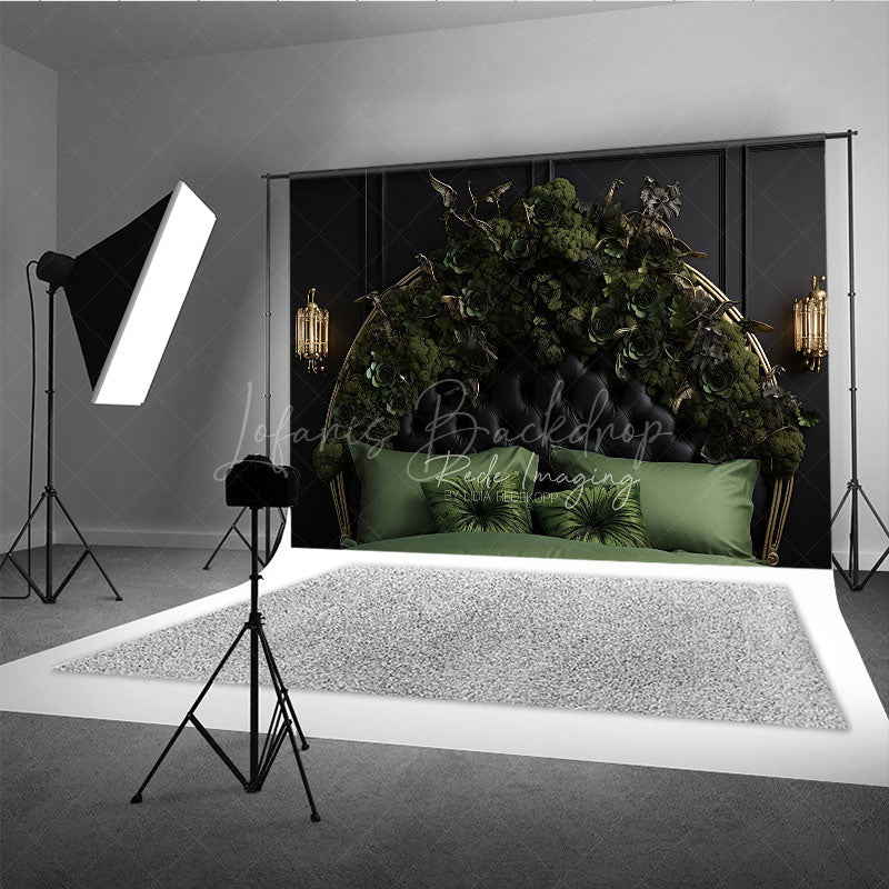 Lofaris Gothic Floral Headboard Photography Backdrop Black Tufted Bed with Green Roses Moody Dark Botanical Photo Prop
