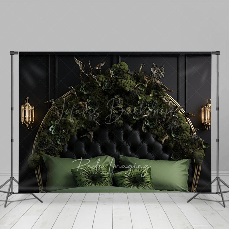 Lofaris Gothic Floral Headboard Photography Backdrop Black Tufted Bed with Green Roses Moody Dark Botanical Photo Prop