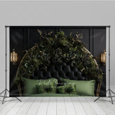Lofaris Gothic Floral Headboard Photography Backdrop Black Tufted Bed with Green Roses Moody Dark Botanical Photo Prop
