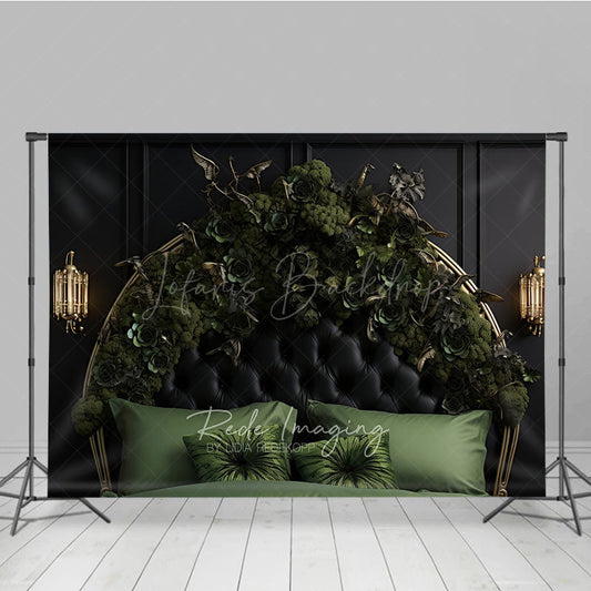Lofaris Gothic Floral Headboard Photography Backdrop Black Tufted Bed with Green Roses Moody Dark Botanical Photo Prop