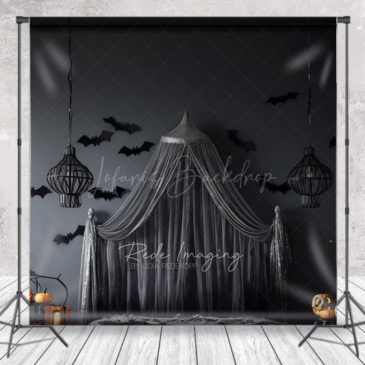 Lofaris Gothic Halloween Bedroom Photography Backdrop Spooky Canopy Bed with Bats Dark and Moody Vampire Lair Photo Prop