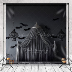 Lofaris Gothic Halloween Bedroom Photography Backdrop Spooky Canopy Bed with Bats Dark and Moody Vampire Lair Photo Prop