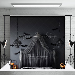 Lofaris Gothic Halloween Bedroom Photography Backdrop Spooky Canopy Bed with Bats Dark and Moody Vampire Lair Photo Prop