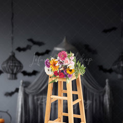 Lofaris Gothic Halloween Bedroom Photography Backdrop Spooky Canopy Bed with Bats Dark and Moody Vampire Lair Photo Prop