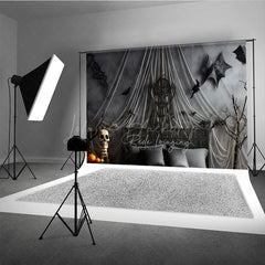 Lofaris Gothic Halloween Bedroom Photography Backdrop Spooky Forest Wall Mural with Bats Purple and Black Moody Decor