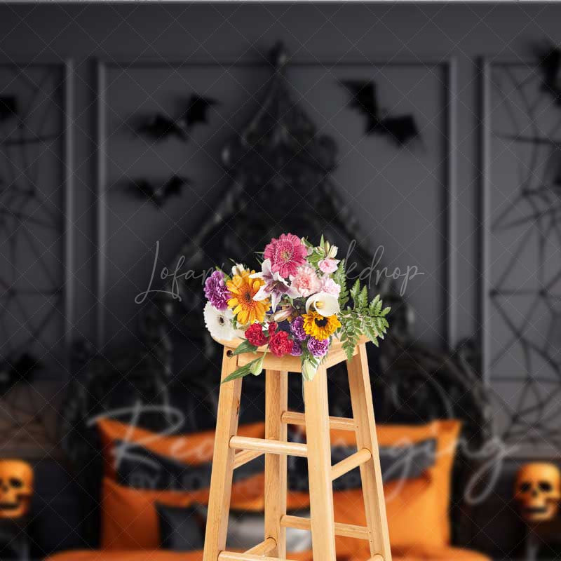 Lofaris Gothic Halloween Bedroom Photography Backdrop Spooky Ornate Bed with Orange Decor Moody Dark Vampire Lair Prop