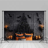 Lofaris Gothic Halloween Bedroom Photography Backdrop Spooky Ornate Bed with Orange Decor Moody Dark Vampire Lair Prop