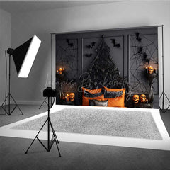 Lofaris Gothic Halloween Bedroom Photography Backdrop Spooky Ornate Bed with Orange Decor Moody Dark Vampire Lair Prop