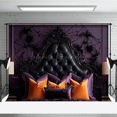 Lofaris Gothic Halloween Headboard Photography Backdrop Purple and Black Tufted Bed Spooky Spiderweb Wall Photo Prop