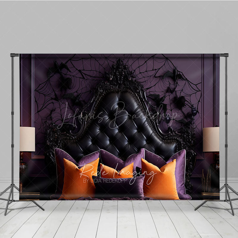 Lofaris Gothic Halloween Headboard Photography Backdrop Purple and Black Tufted Bed Spooky Spiderweb Wall Photo Prop