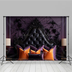 Lofaris Gothic Halloween Headboard Photography Backdrop Purple and Black Tufted Bed Spooky Spiderweb Wall Photo Prop