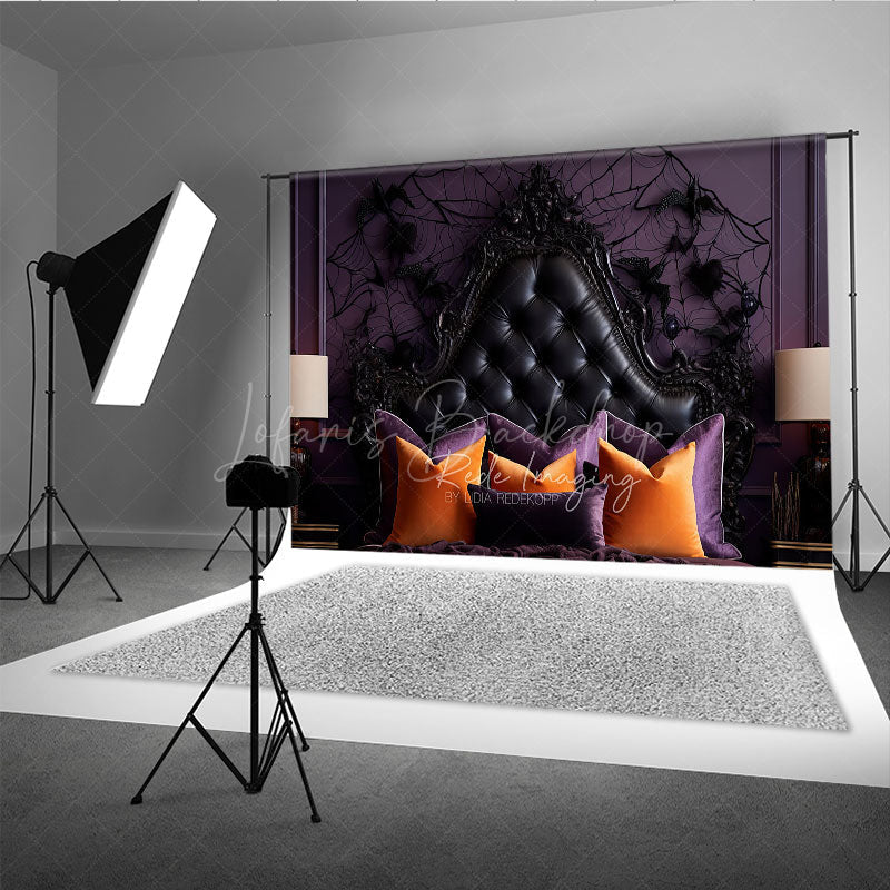 Lofaris Gothic Halloween Headboard Photography Backdrop Purple and Black Tufted Bed Spooky Spiderweb Wall Photo Prop