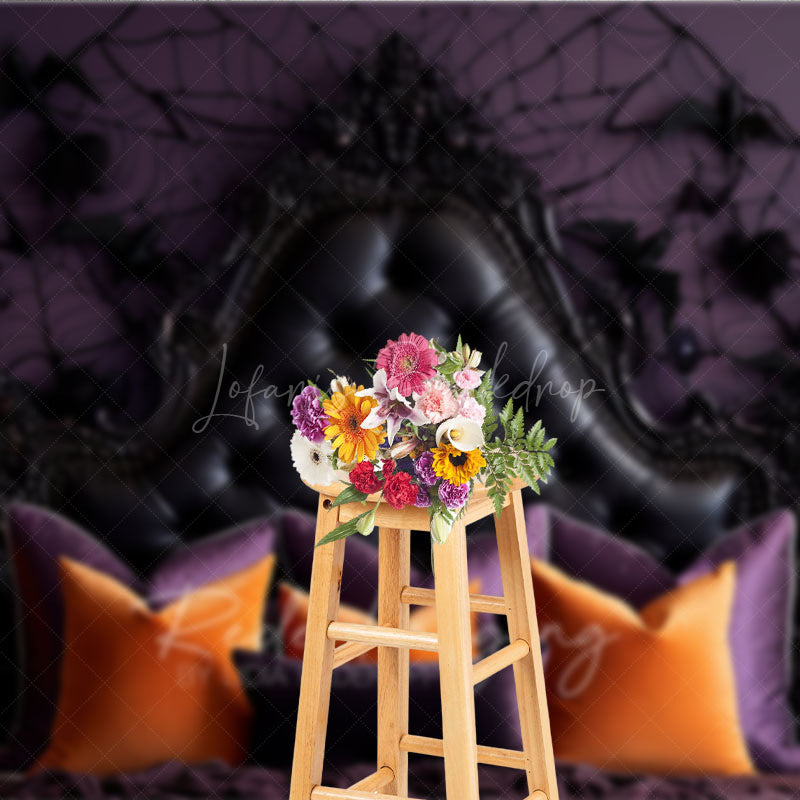 Lofaris Gothic Halloween Headboard Photography Backdrop Purple and Black Tufted Bed Spooky Spiderweb Wall Photo Prop