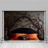 Lofaris Gothic Halloween Headboard Photography Backdrop Spooky Black Birds and Branches Moody Dark Bedroom Photo Prop