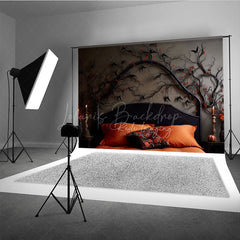 Lofaris Gothic Halloween Headboard Photography Backdrop Spooky Black Birds and Branches Moody Dark Bedroom Photo Prop