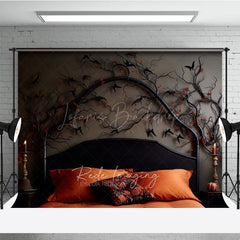 Lofaris Gothic Halloween Headboard Photography Backdrop Spooky Black Birds and Branches Moody Dark Bedroom Photo Prop