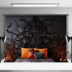 Lofaris Gothic Halloween Headboard Photography Backdrop Spooky Spiderweb Bed with Orange Pillows Haunted Bedroom Decor