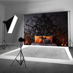 Lofaris Gothic Halloween Headboard Photography Backdrop Spooky Spiderweb Bed with Orange Pillows Haunted Bedroom Decor