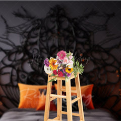 Lofaris Gothic Halloween Headboard Photography Backdrop Spooky Spiderweb Bed with Orange Pillows Haunted Bedroom Decor