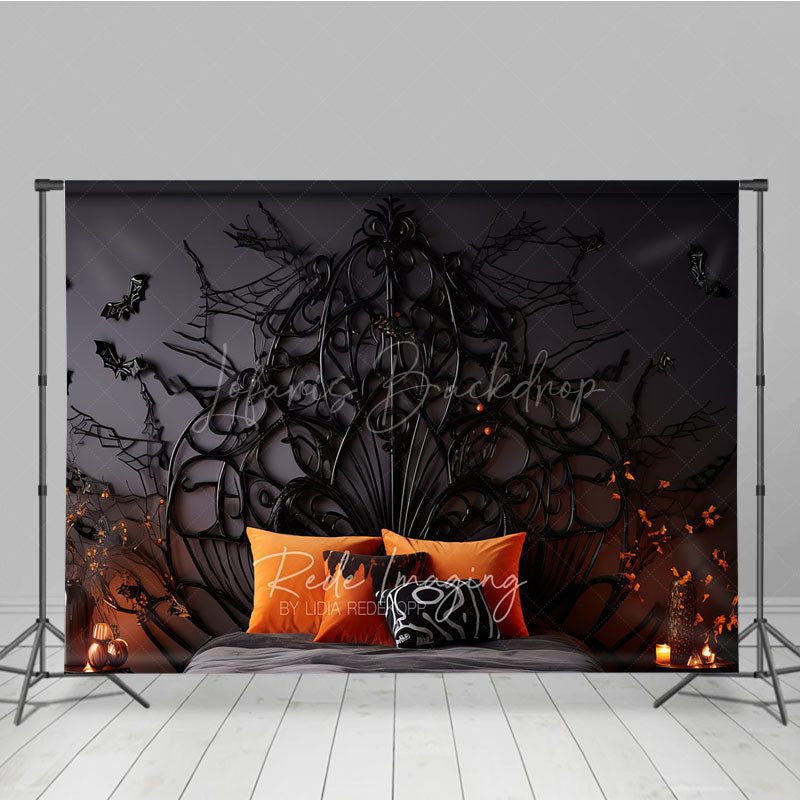 Lofaris Gothic Halloween Headboard Photography Backdrop Spooky Spiderweb Bed with Orange Pillows Haunted Bedroom Decor