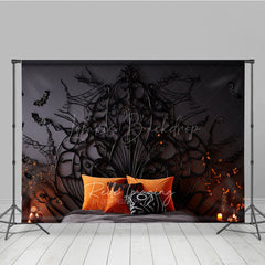 Lofaris Gothic Halloween Headboard Photography Backdrop Spooky Spiderweb Bed with Orange Pillows Haunted Bedroom Decor