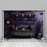 Lofaris Gothic Halloween Photography Backdrop Purple Wall with Skulls and Black Pumpkins Spooky Witch Lair Photo Prop